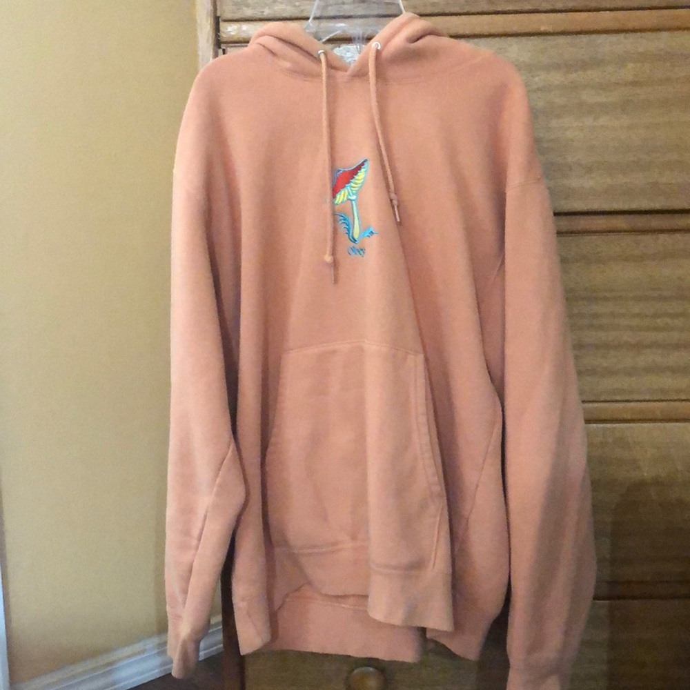 Obey orange men’s hoodie with mushroom, size large